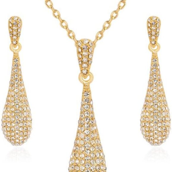 Crystal Rhinestone Tear Drop Pendant Necklace Earrings Jewelry Set Women - Picture 1 of 7
